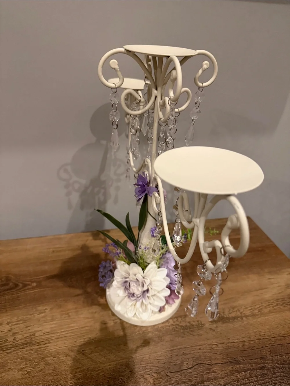 Elegant Cream Metal Candelabra with Lavender Floral Accent